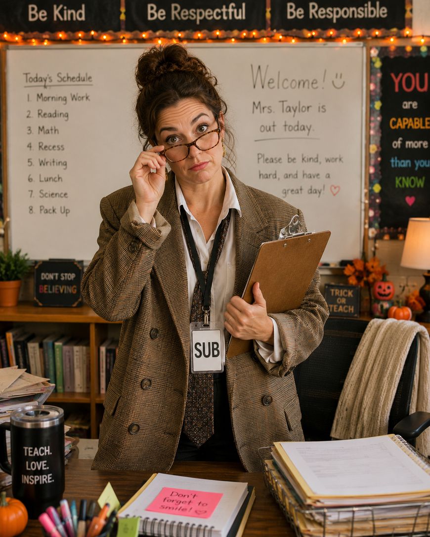 A substitute teacher in a tweed jacket stands in a decorated classroom, holding a clipboard and adjusting her glasses, with a SUB badge around her neck and a welcoming message on the whiteboard behind her.