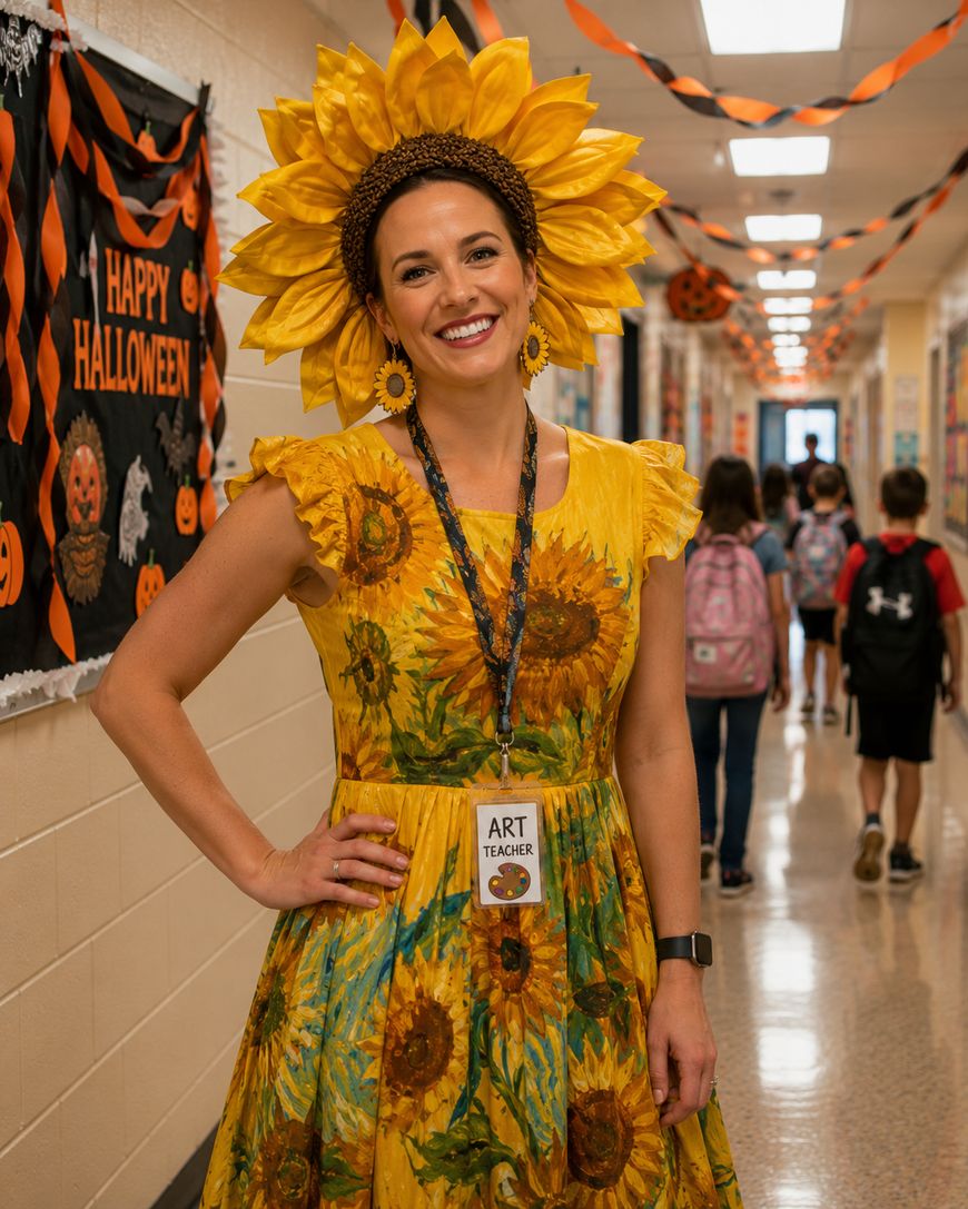 A smiling woman in a sunflower dress and headpiece stands in a school hallway decorated for Halloween. She wears an Art Teacher badge, and children with backpacks walk in the background.