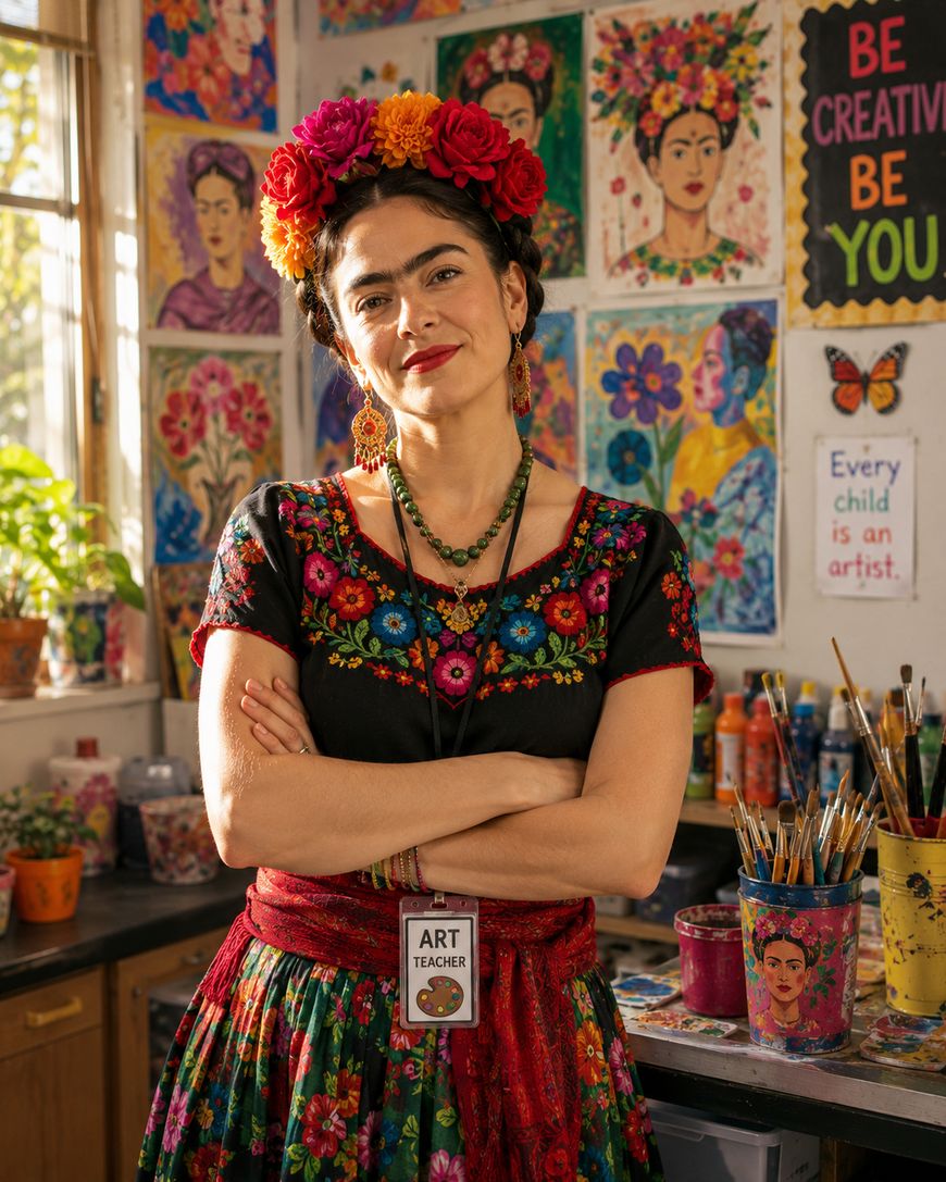 A woman in colorful, Frida Kahlo-inspired attire stands in an art classroom, arms crossed, wearing an “ART TEACHER” badge. The room is decorated with bright artwork and motivational posters.