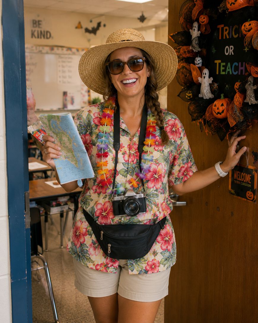 A woman dressed as a tourist with a straw hat, sunglasses, floral shirt, camera, leis, and fanny pack stands smiling in a classroom doorway decorated for Halloween. She holds a map and stands by a sign reading Trick or Teach.