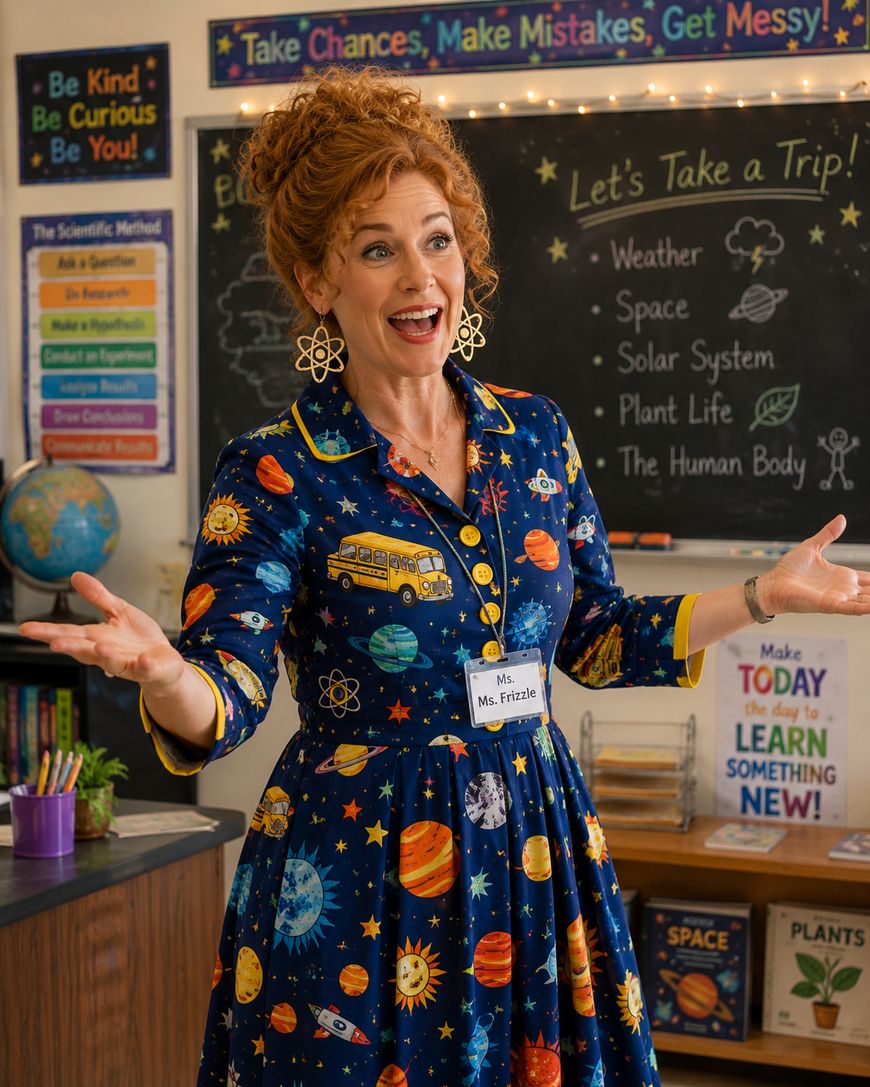 A woman with red hair, wearing a dress decorated with planets and a school bus, stands smiling in a colorful classroom with science posters and books in the background.