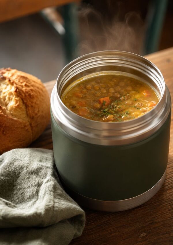 A steaming thermos filled with lentil soup sits on a wooden table next to a round loaf of bread and a green cloth napkin.