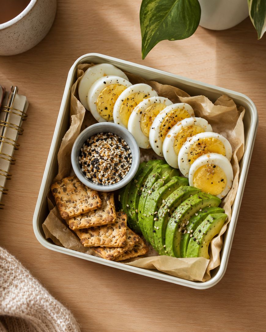 A bento box with sliced hard-boiled eggs, sliced avocado, multigrain crackers, and a small dish of everything bagel seasoning on parchment paper, placed on a wooden table near a plant and notebook.