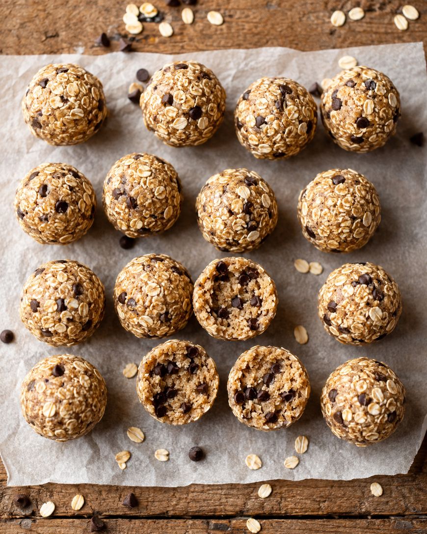 Sixteen round oat and chocolate chip energy bites sit on parchment paper. The front row shows four bites cut in half, revealing their soft, textured interior. Scattered oats and chocolate chips decorate the wooden surface.