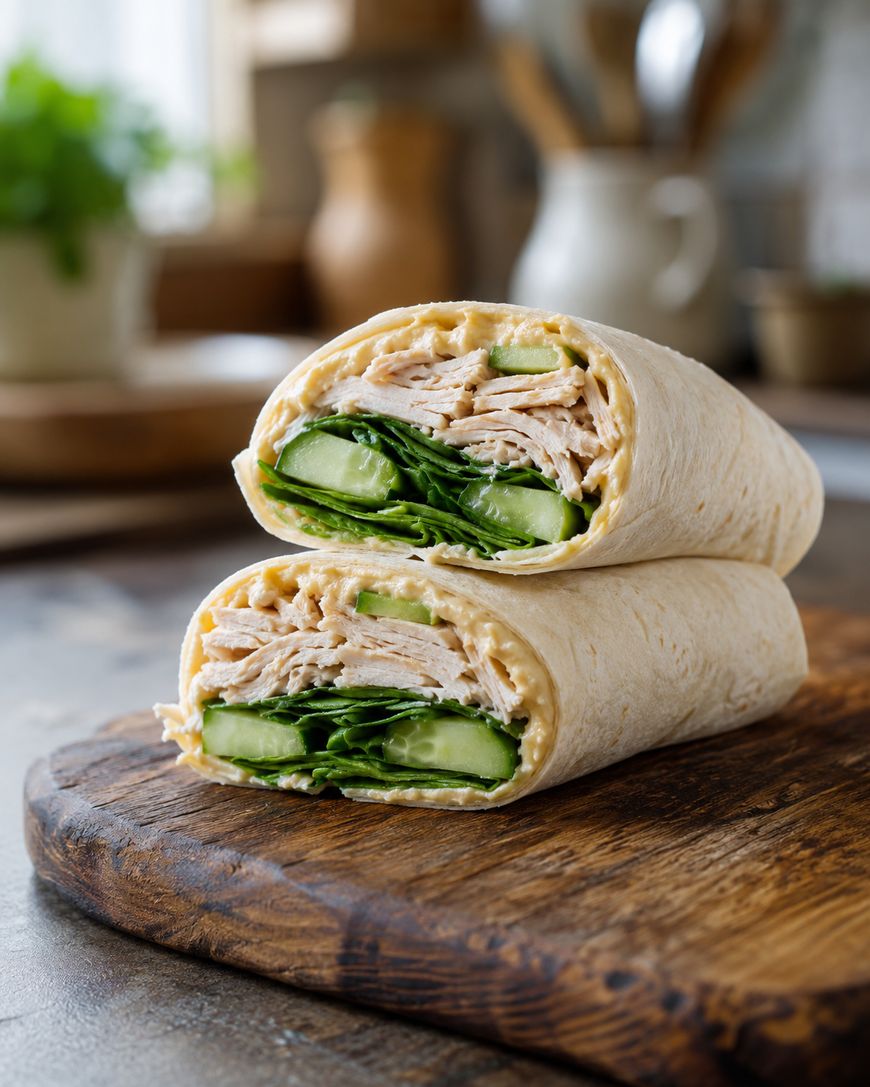 A chicken and vegetable wrap cut in half, stacked on a wooden board. The wrap is filled with shredded chicken, fresh spinach, and cucumber slices.
