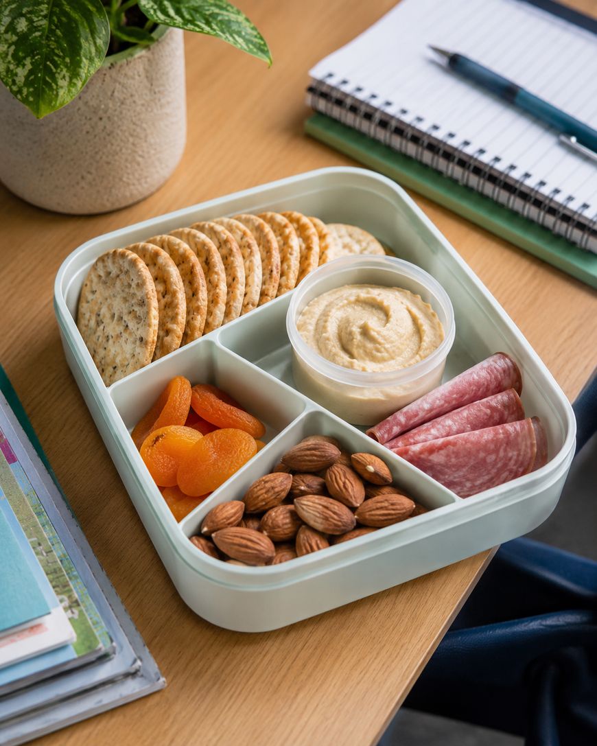A divided lunchbox with crackers, hummus, salami slices, dried apricots, and almonds sits on a desk next to notebooks, a pen, and a potted plant.