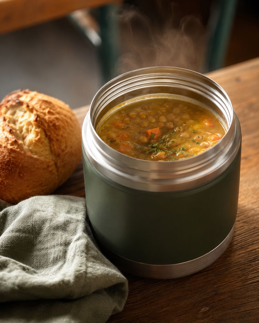 A steaming container of lentil soup sits on a wooden table next to a round loaf of bread and a green cloth napkin.