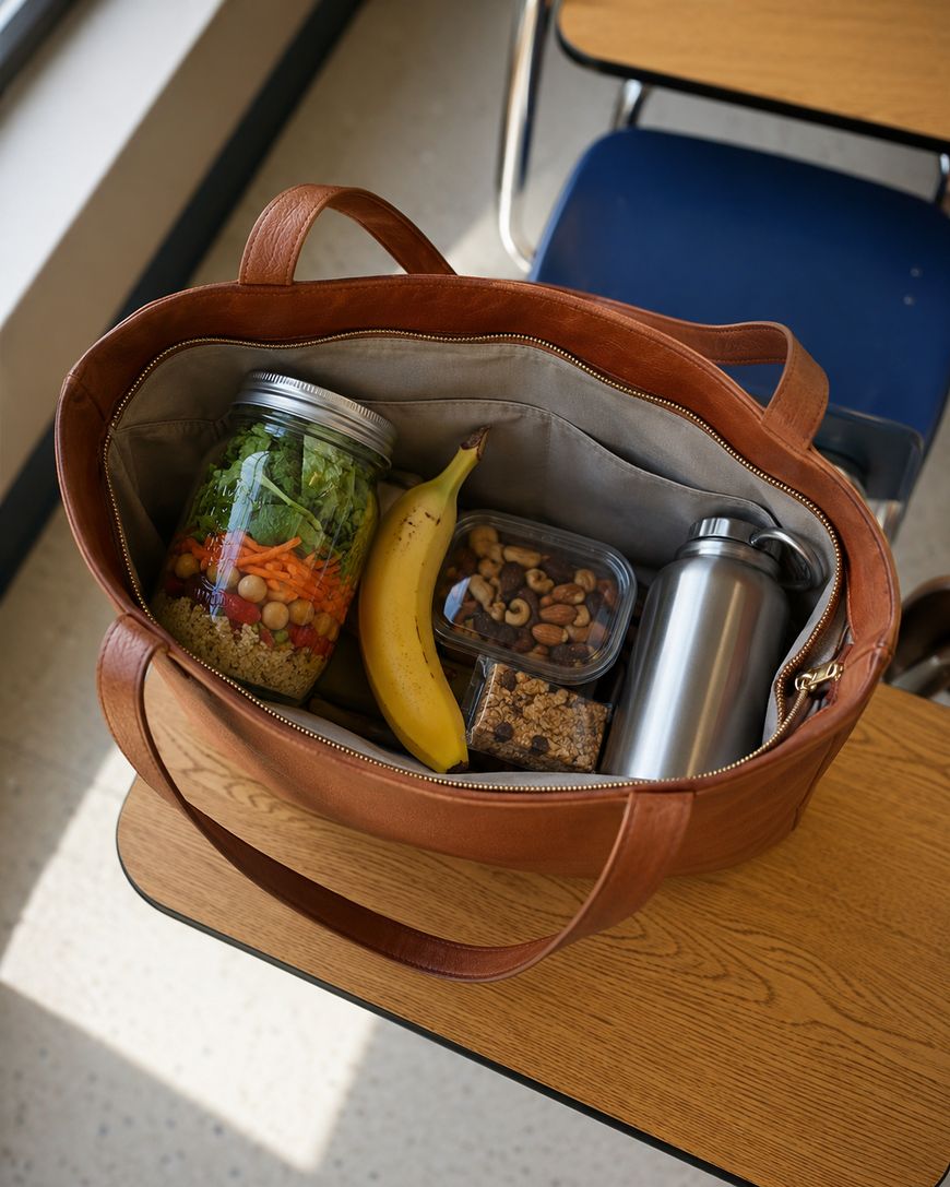 A brown tote bag on a desk contains a salad jar, a banana, a container of nuts, granola bars, and a metal water bottle.