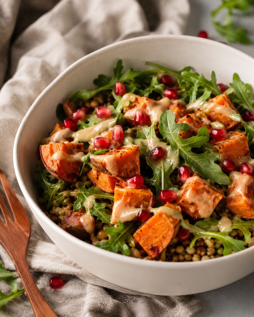 A white bowl filled with roasted sweet potato cubes, arugula, pearl couscous, pomegranate seeds, and a drizzle of creamy dressing sits on a beige cloth next to a wooden fork.