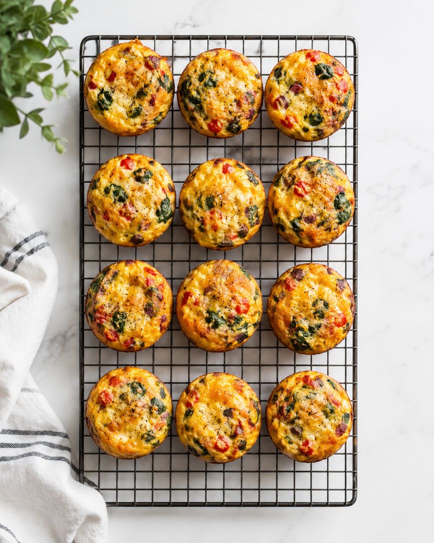 Twelve vegetable egg muffins with visible spinach and red peppers on a black cooling rack, set on a white marble surface next to a white towel with black stripes and a green plant.