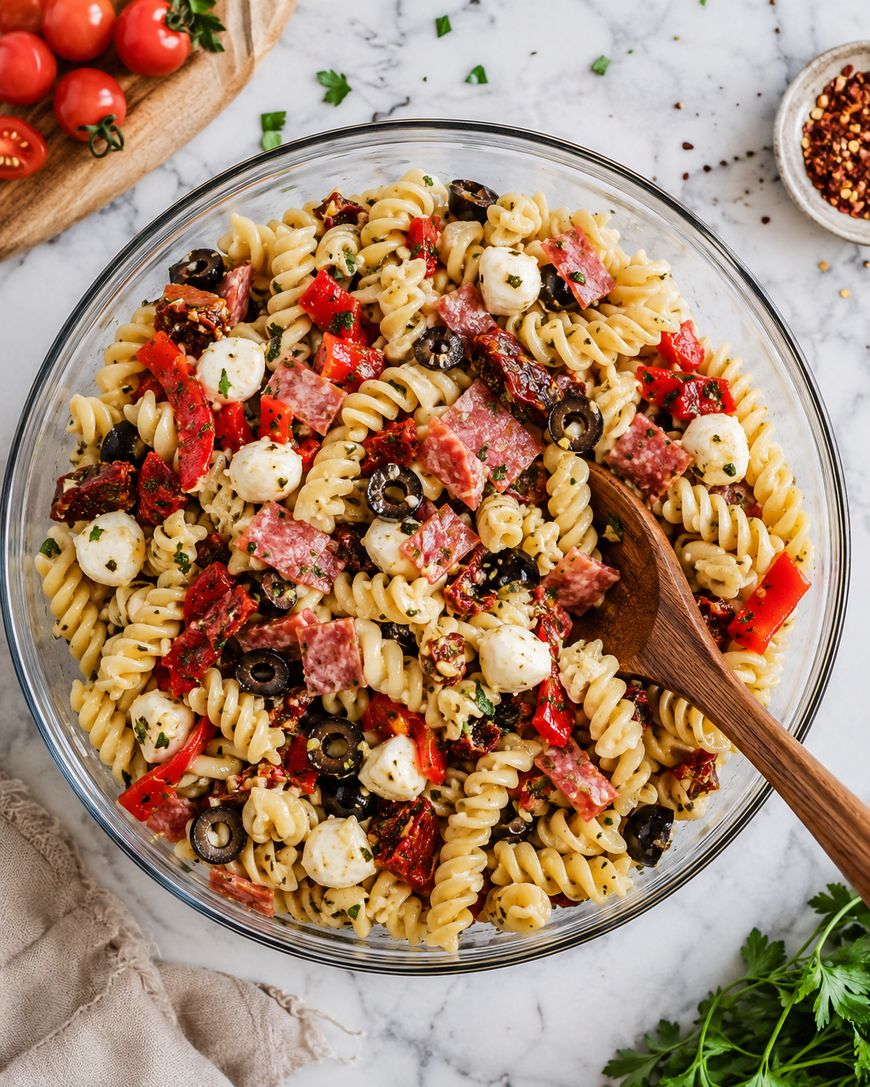 A glass bowl of pasta salad with rotini, mozzarella balls, salami slices, black olives, sun-dried tomatoes, and herbs, with a wooden spoon resting inside. Fresh tomatoes and parsley are nearby on a marble surface.