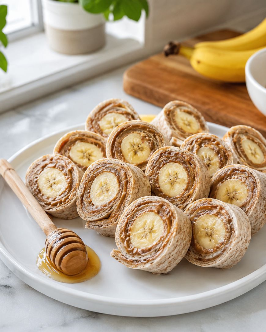 Pinwheel snacks made with whole wheat tortillas, bananas, and nut butter are arranged on a white plate. A honey dipper with honey is on the side, with bananas and kitchen items in the background.