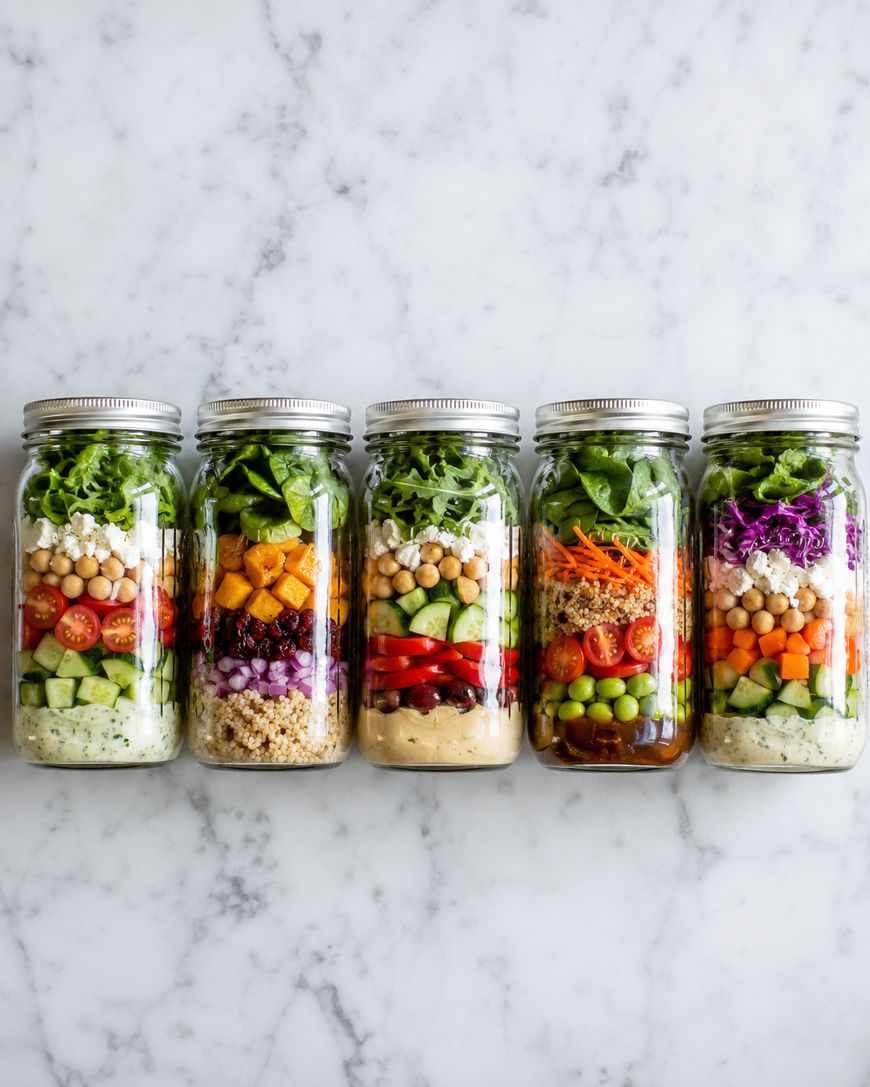 Five mason jars filled with colorful layered salads, including ingredients like chickpeas, quinoa, carrots, tomatoes, cucumber, leafy greens, and various dressings, arranged in a row on a white marble surface.