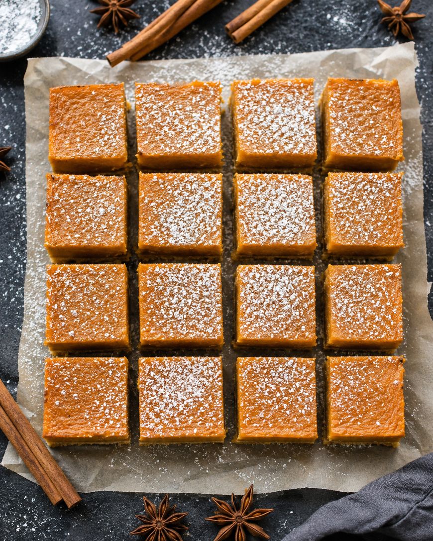 Sixteen pumpkin bars topped with powdered sugar are arranged neatly in a 4x4 grid on parchment paper. Cinnamon sticks and star anise are scattered around on a dark surface.