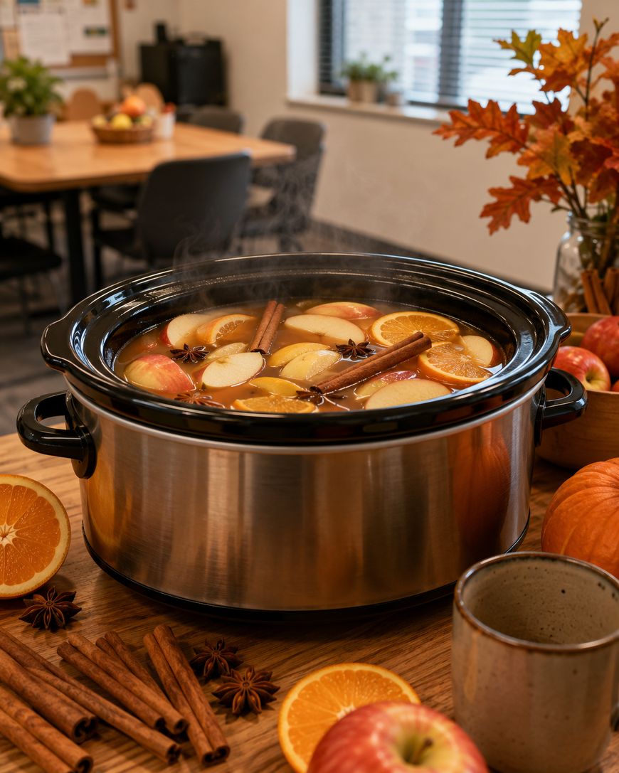 A slow cooker filled with hot spiced apple cider, garnished with orange slices, apple slices, cinnamon sticks, and star anise, sits on a table with autumn decor, apples, oranges, and a mug nearby. Steam rises from the cider.