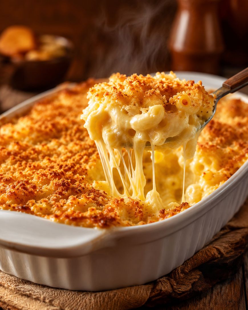 A spoon lifts a serving of cheesy baked macaroni and cheese with a golden breadcrumb topping from a white casserole dish. Steam rises, highlighting the gooey, melted cheese.