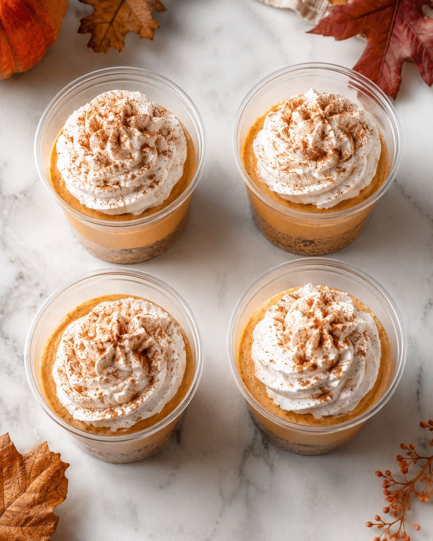 Four clear cups filled with layered pumpkin dessert topped with whipped cream and cinnamon, arranged on a marble surface with autumn leaves around.