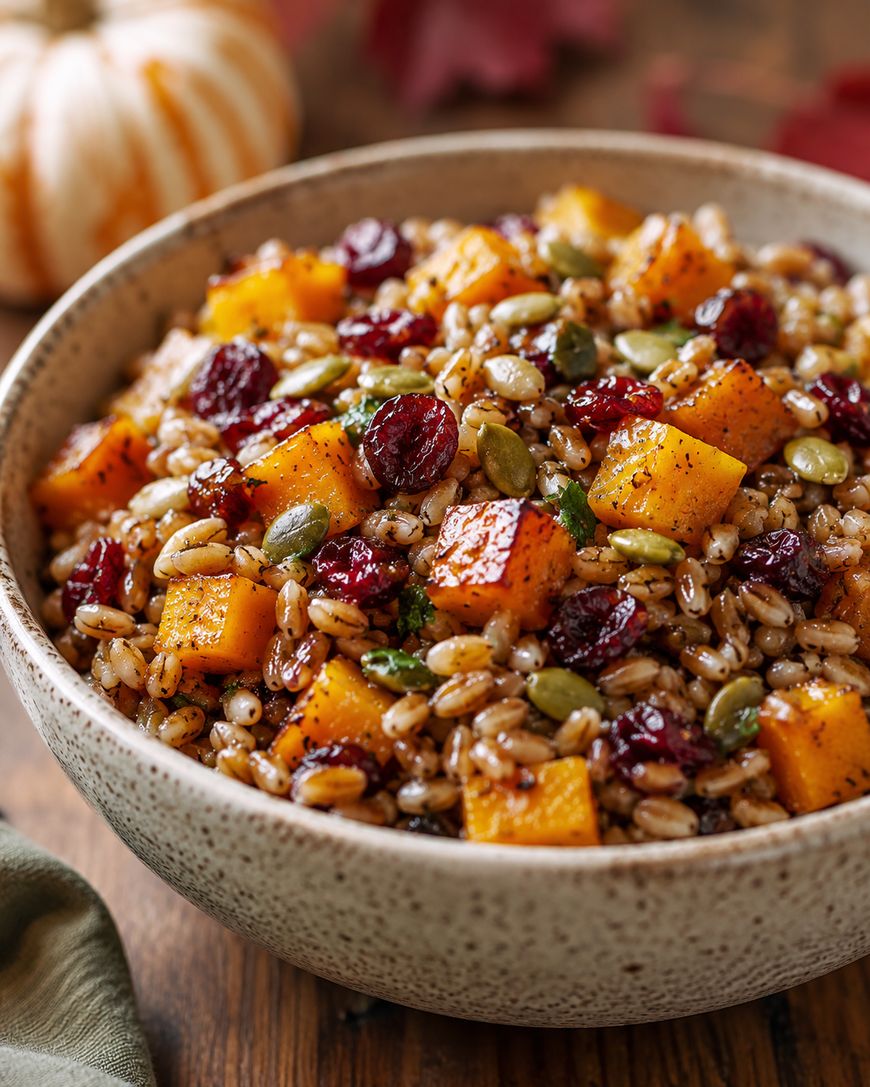 A bowl of autumn grain salad with roasted butternut squash, dried cranberries, pumpkin seeds, and herbs. A small pumpkin and autumn leaves are blurred in the background.
