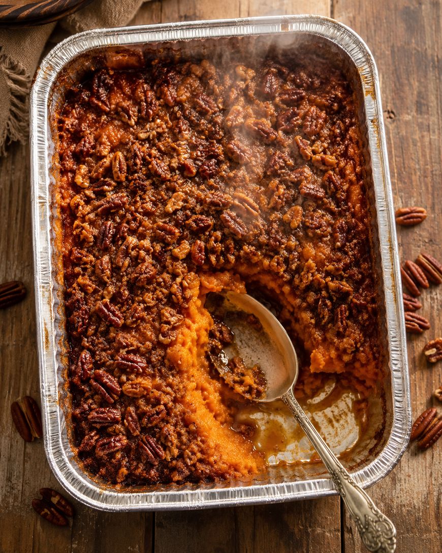 A baked sweet potato casserole with a pecan topping, served in a rectangular aluminum tray. A spoon has scooped out a portion, revealing the creamy orange filling. The tray sits on a rustic wooden surface.