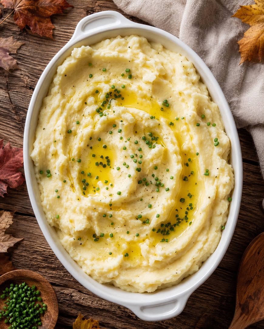 A white oval dish filled with creamy mashed potatoes, topped with melted butter and chopped chives, sits on a rustic wooden table with autumn leaves and a beige napkin nearby.