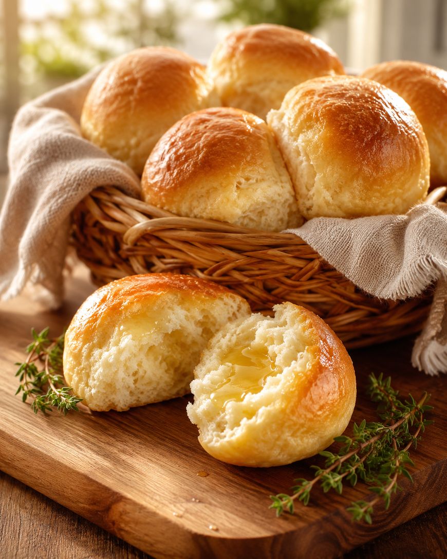 A basket of golden, fluffy dinner rolls lined with cloth sits on a wooden board. One roll is split open, revealing a soft interior with melting butter. Sprigs of fresh herbs are nearby. Sunlight streams in softly.