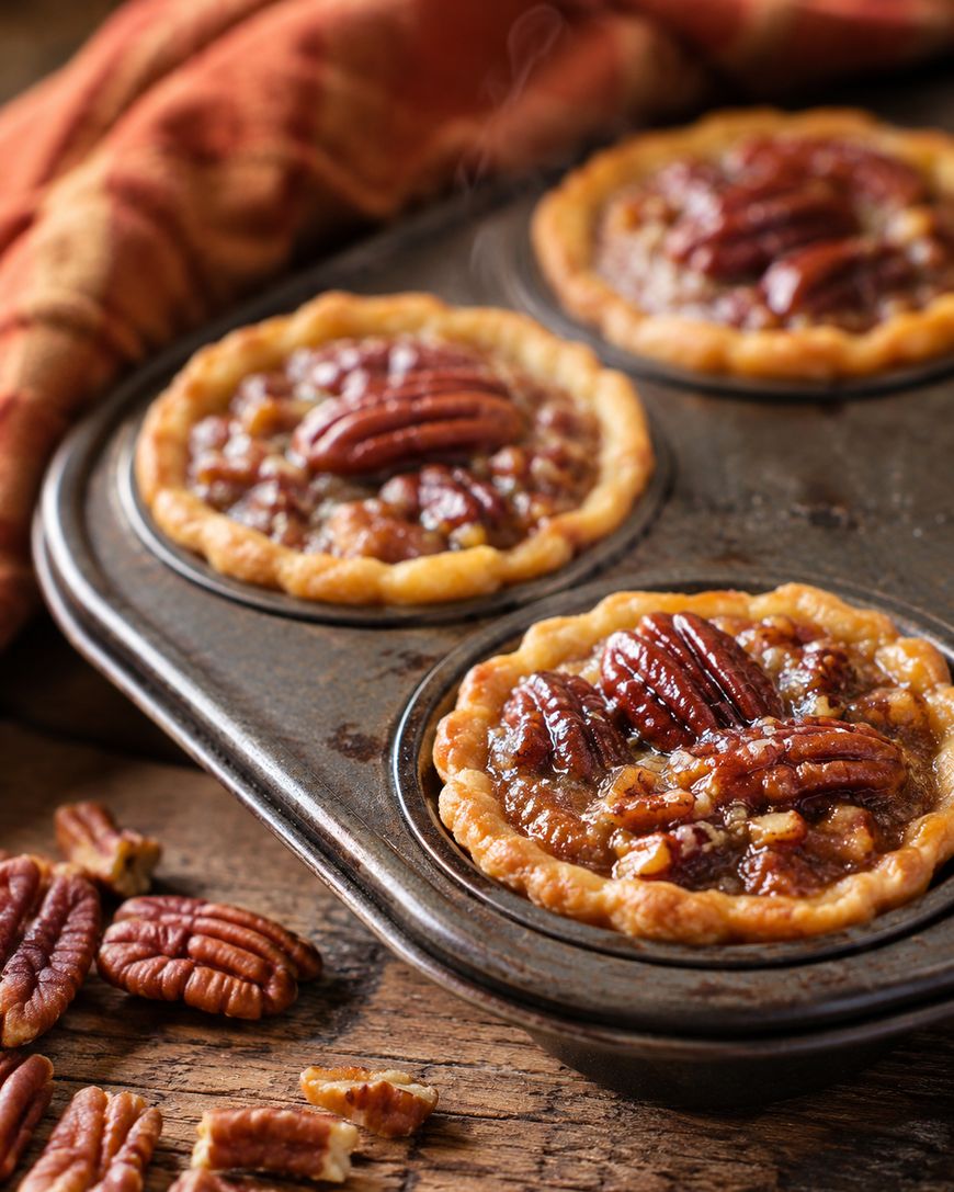 Three mini pecan pies sit in a metal muffin tin on a rustic wooden table, with whole pecans scattered nearby. An orange plaid cloth is partially visible in the background.