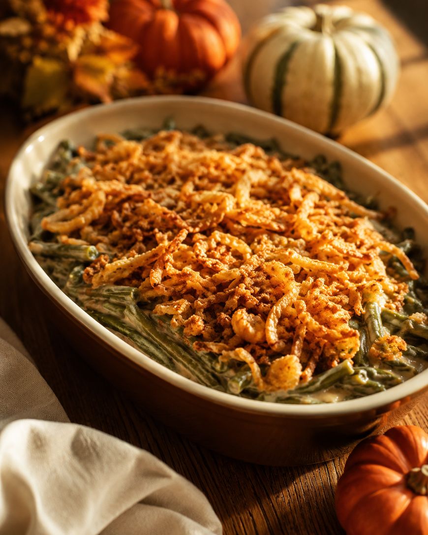 A baked green bean casserole topped with crispy fried onions sits on a wooden table, surrounded by small decorative pumpkins and autumn leaves, with warm sunlight shining across the scene.
