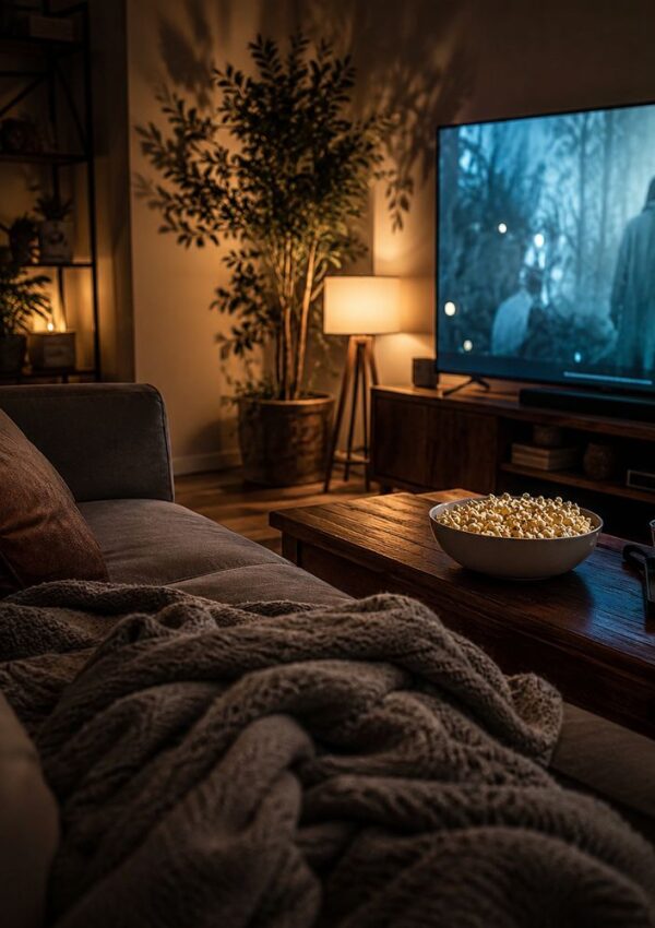 A cozy living room with a blanket on a sofa, a bowl of popcorn on a wooden table, and a TV showing one of the best Tim Burton movies—a dark scene with people in a forest. Warm lighting and plants create a comfortable atmosphere.