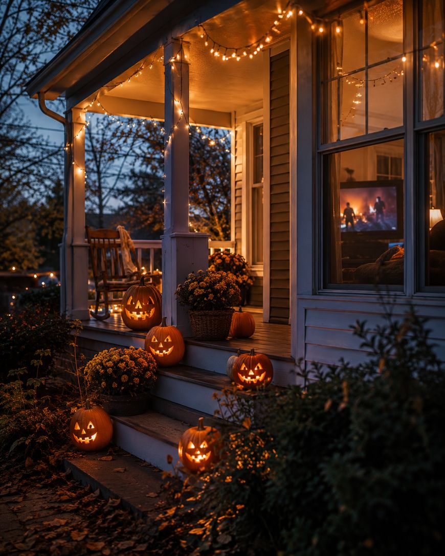 A cozy porch at dusk decorated with glowing jack-o’-lanterns, string lights, and potted flowers. Inside, a TV shows a group around a campfire, adding to the warm autumn atmosphere.
