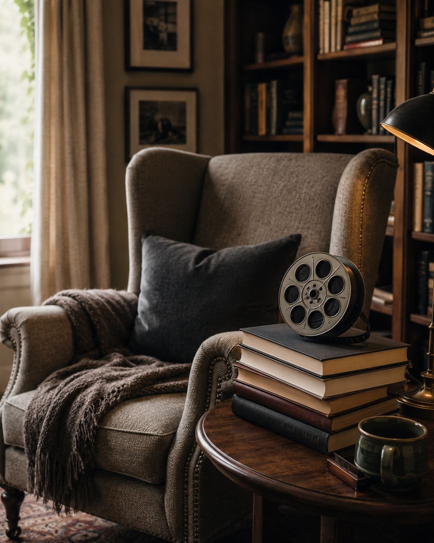A cozy armchair with a dark pillow and blanket sits by a window, next to a small table with stacked books, a film reel, a green mug, and a lamp. Bookshelves fill the background, creating a warm reading nook.