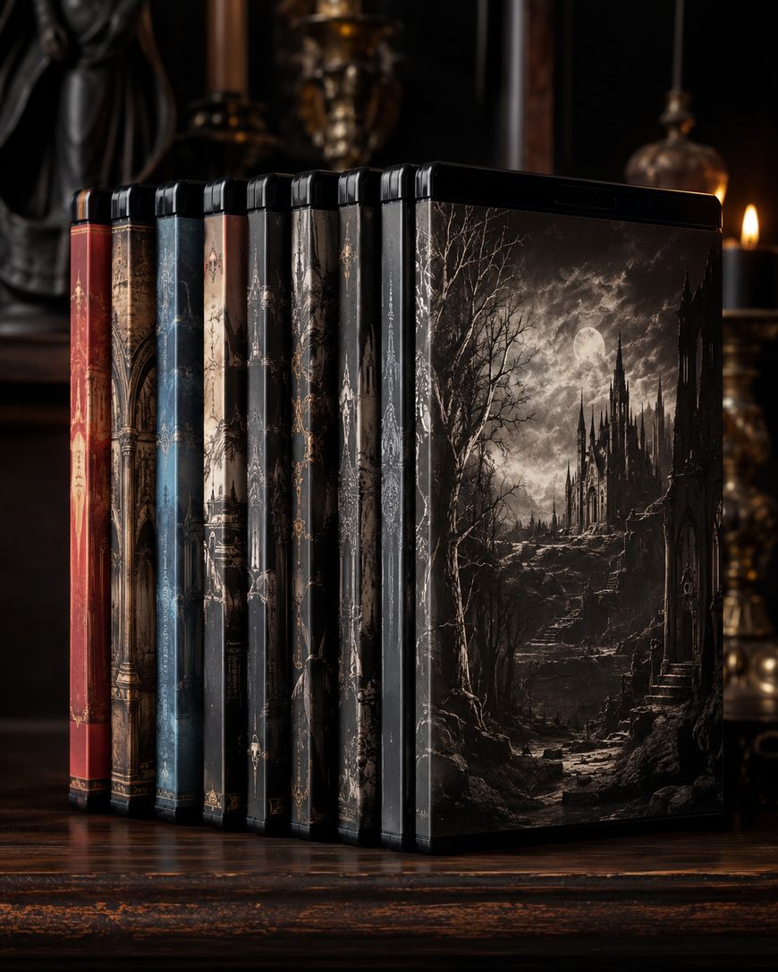 A row of ornate, gothic-style books with dark, intricate covers featuring castles and eerie landscapes, standing upright on a wooden surface, with candles softly lighting the background.