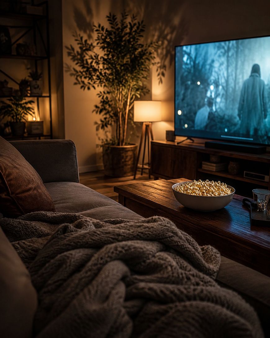 A cozy living room with a blanket on the sofa, a bowl of popcorn on a wooden table, and a TV showing a dark, moody scene. Warm lamp light and a potted plant create a relaxing atmosphere.