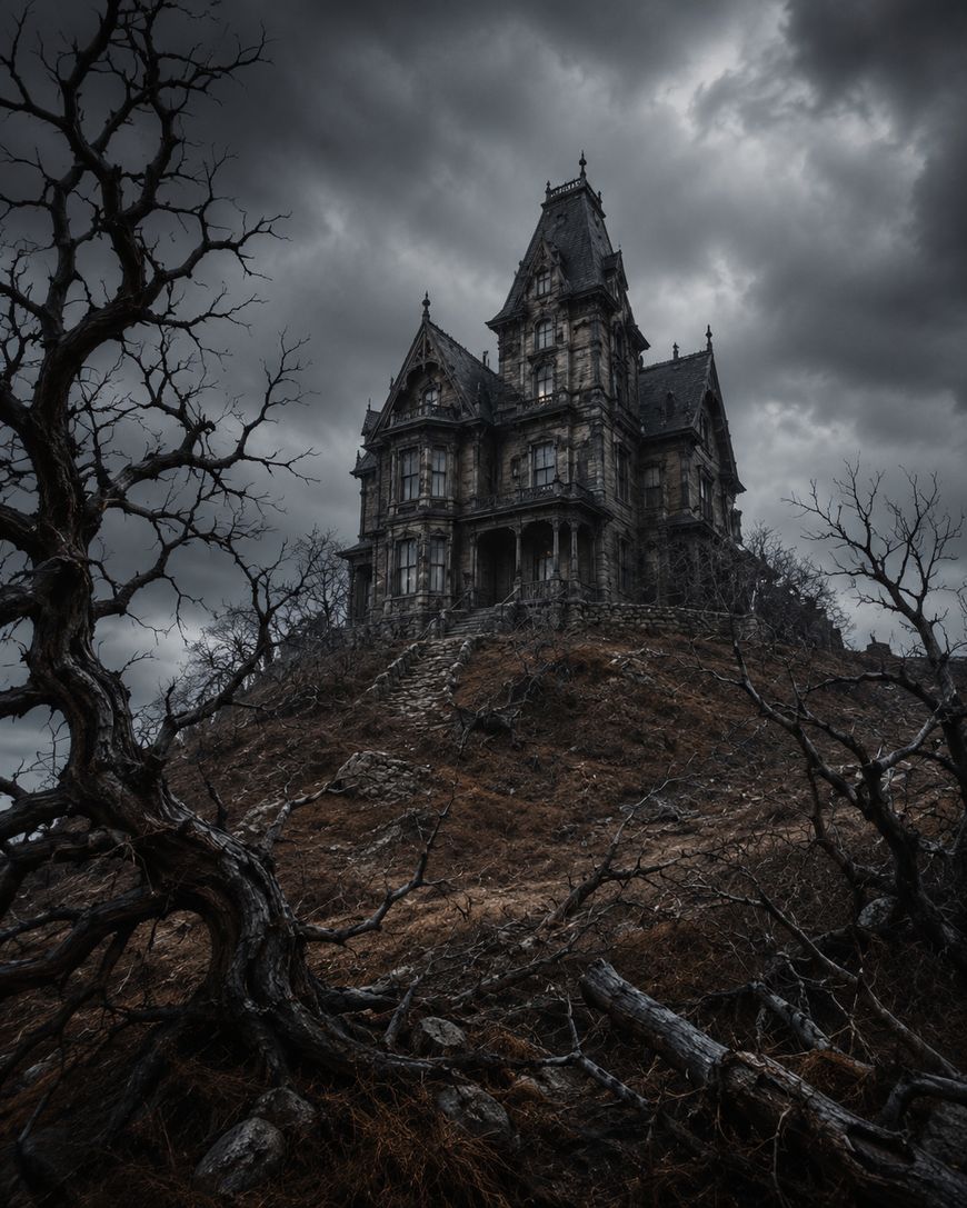 A dark, abandoned mansion sits atop a barren hill under a stormy sky, surrounded by twisted, leafless trees.
