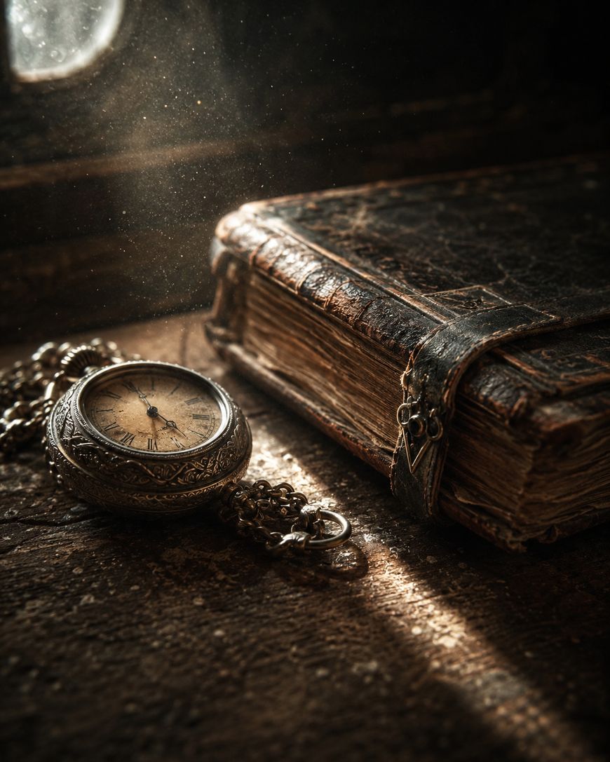 An antique pocket watch with a chain lies beside an old, weathered leather-bound book, illuminated by soft, dusty light from a nearby window.