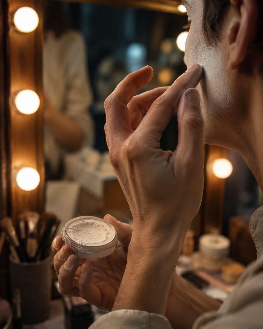 A person applies white face makeup in front of a mirror with round lights, holding a small container of powder. Makeup brushes and other cosmetics are visible on the table.
