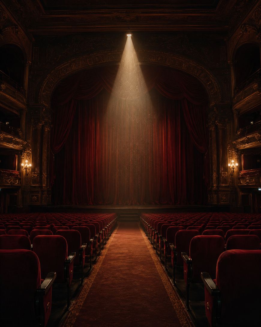 A spotlight shines on closed red velvet curtains in an ornate, empty theater with rows of red seats and intricate gold detailing on the walls and balconies.