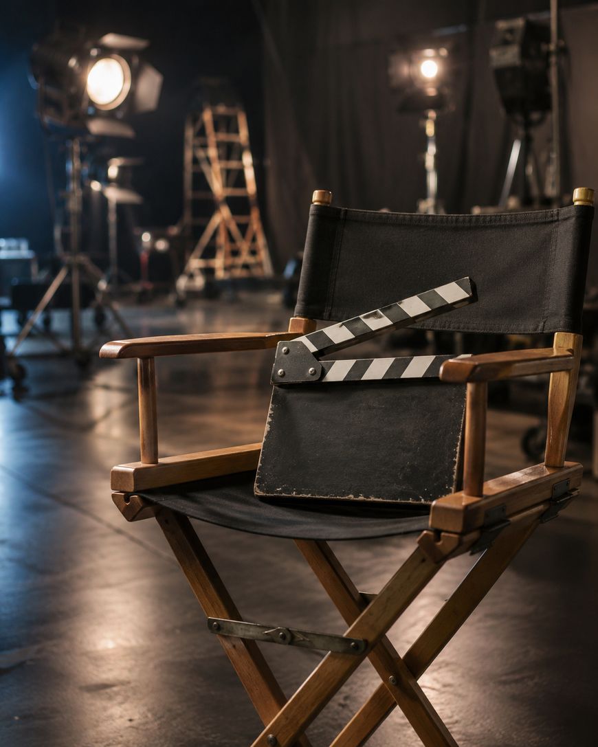 A directors chair with a clapperboard resting on the seat sits on a film set, surrounded by studio lights and filming equipment in a dimly lit studio.