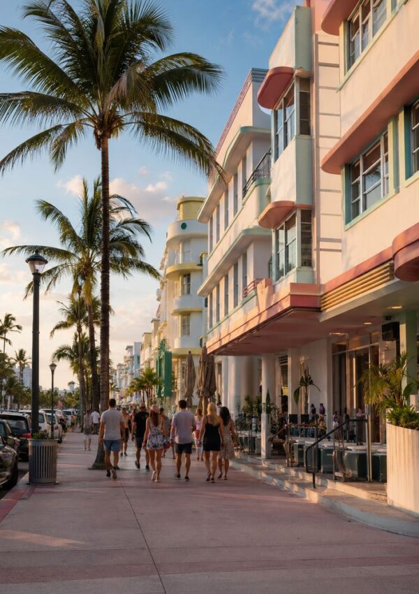 People walk along a palm-lined street with colorful art deco buildings, outdoor cafes, and parked cars at sunset. The atmosphere is lively and relaxed.