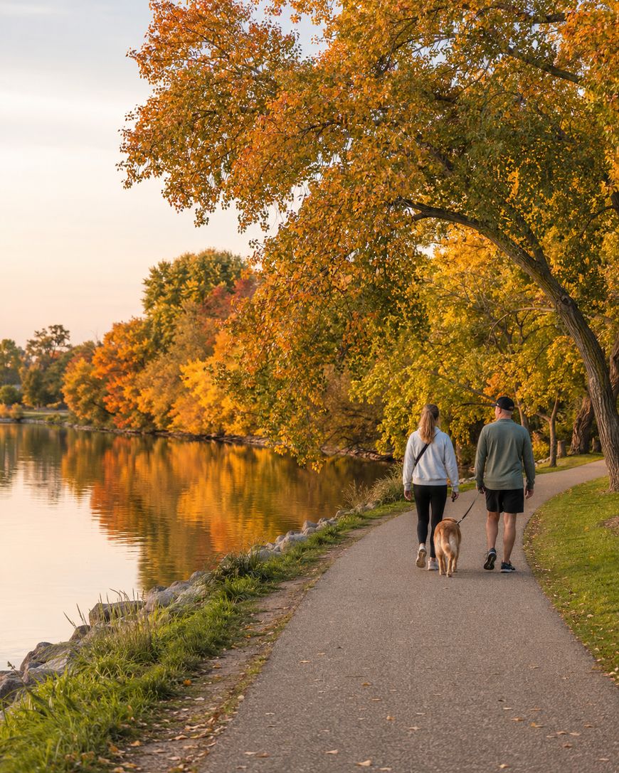 A couple walks a dog on a path beside a calm lake, surrounded by trees with vibrant autumn foliage. The scene is peaceful and bathed in warm, golden light.