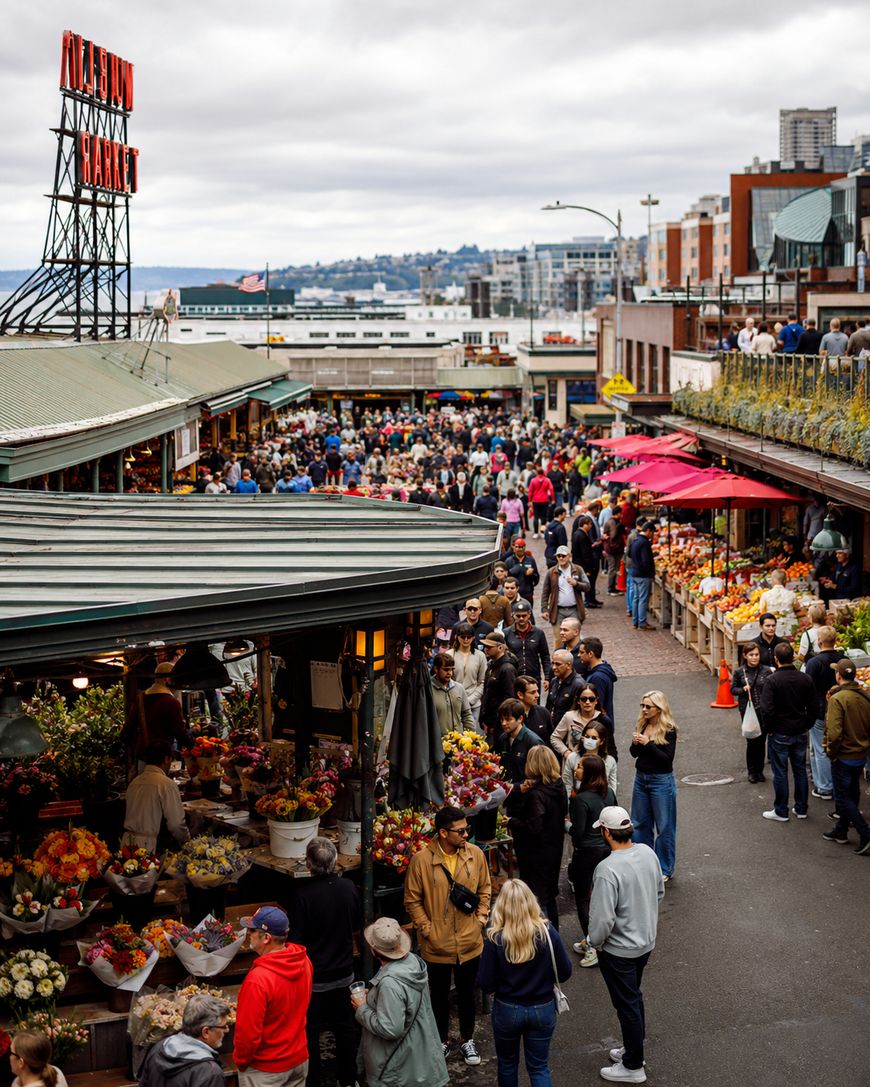 Crowds of people walk through an outdoor market with flower stands, shops, and a large red sign reading Public Market on a cloudy day in a city.