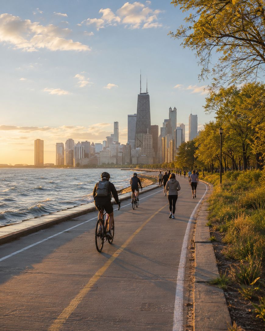 People walk, jog, and bike along a lakeside path at sunset with Chicago's skyline, including the John Hancock Center, in the background. Trees line one side of the path and Lake Michigan is on the other.