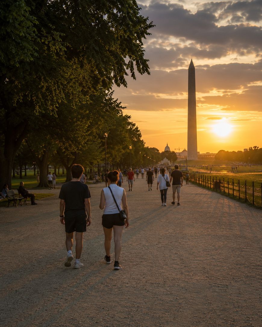 People stroll along a tree-lined path at sunset near the Washington Monument in Washington, D.C. The sky is partly cloudy, and the monument stands tall in the warm golden light.