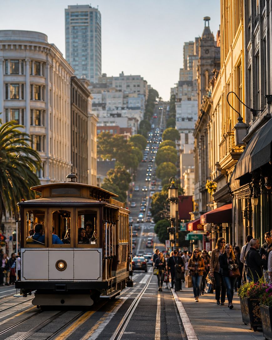 A classic San Francisco cable car moves uphill at sunset, surrounded by pedestrians and historic buildings, with a steep, tree-lined street and tall skyscrapers in the background.