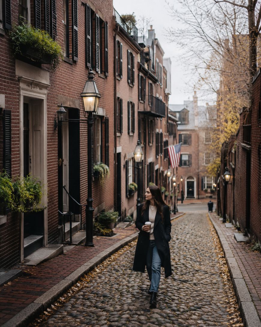 A woman walks alone on a narrow, cobblestone street lined with historic brick buildings and autumn leaves, holding a drink.