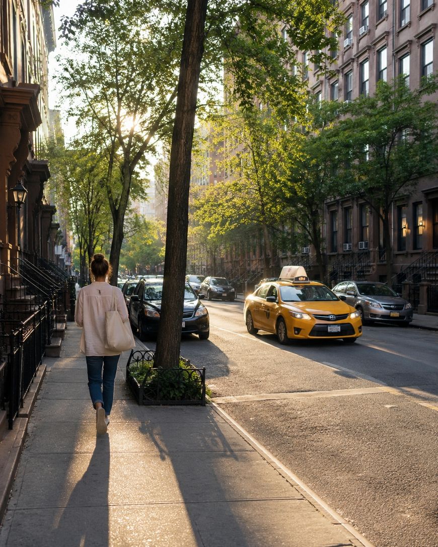 A woman walks down a sunlit city sidewalk lined with trees and brownstone buildings. Cars, including a yellow taxi, are parked and driving on the street beside her. Sunlight filters through the leaves.