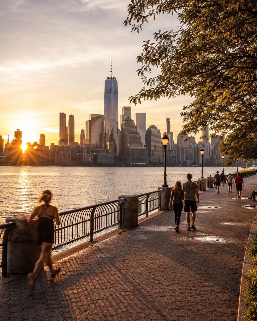 People jog and walk along a riverside path at sunset, with the New York City skyline, including One World Trade Center, visible across the water. Trees and lamp posts line the walkway.