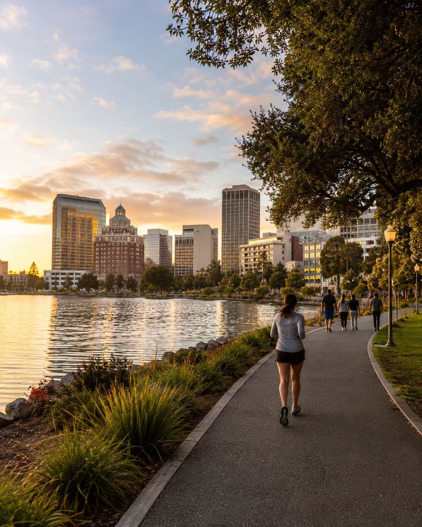 People walk and jog along a lakeside path at sunset, with tall buildings and trees in the background and calm water reflecting the sky.