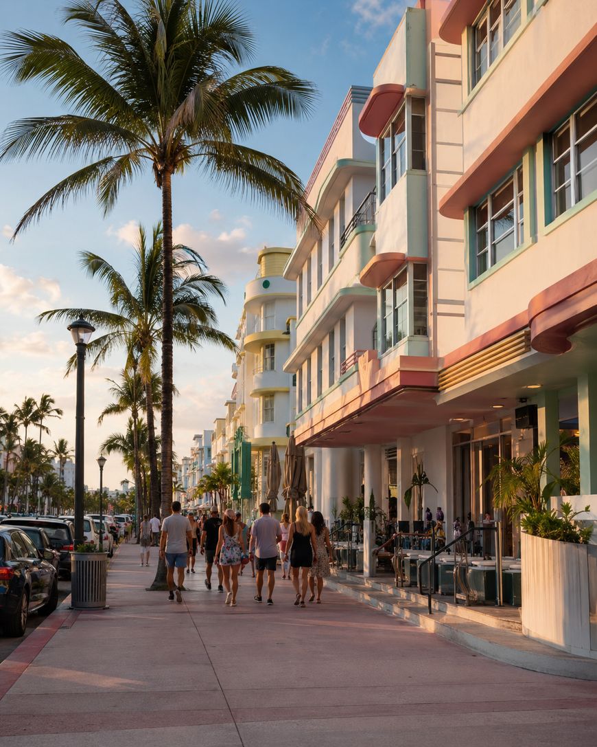 People walk along a palm tree-lined street beside colorful Art Deco buildings in warm evening light. Outdoor diners sit at a sidewalk cafe, with parked cars and clear skies completing the lively, tropical scene.