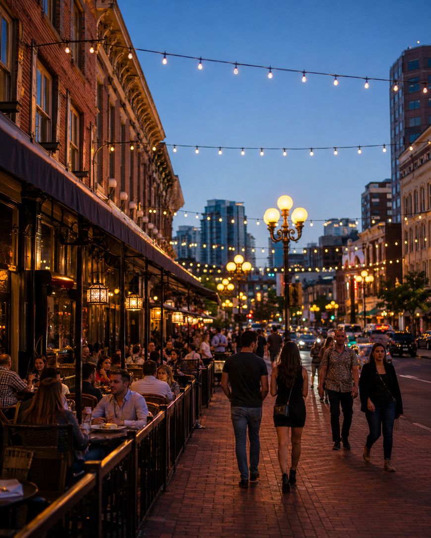 People dine outdoors at a lively city street restaurant in the evening. String lights hang above, and both pedestrians and diners enjoy the vibrant urban atmosphere. Tall buildings and streetlights glow in the background.