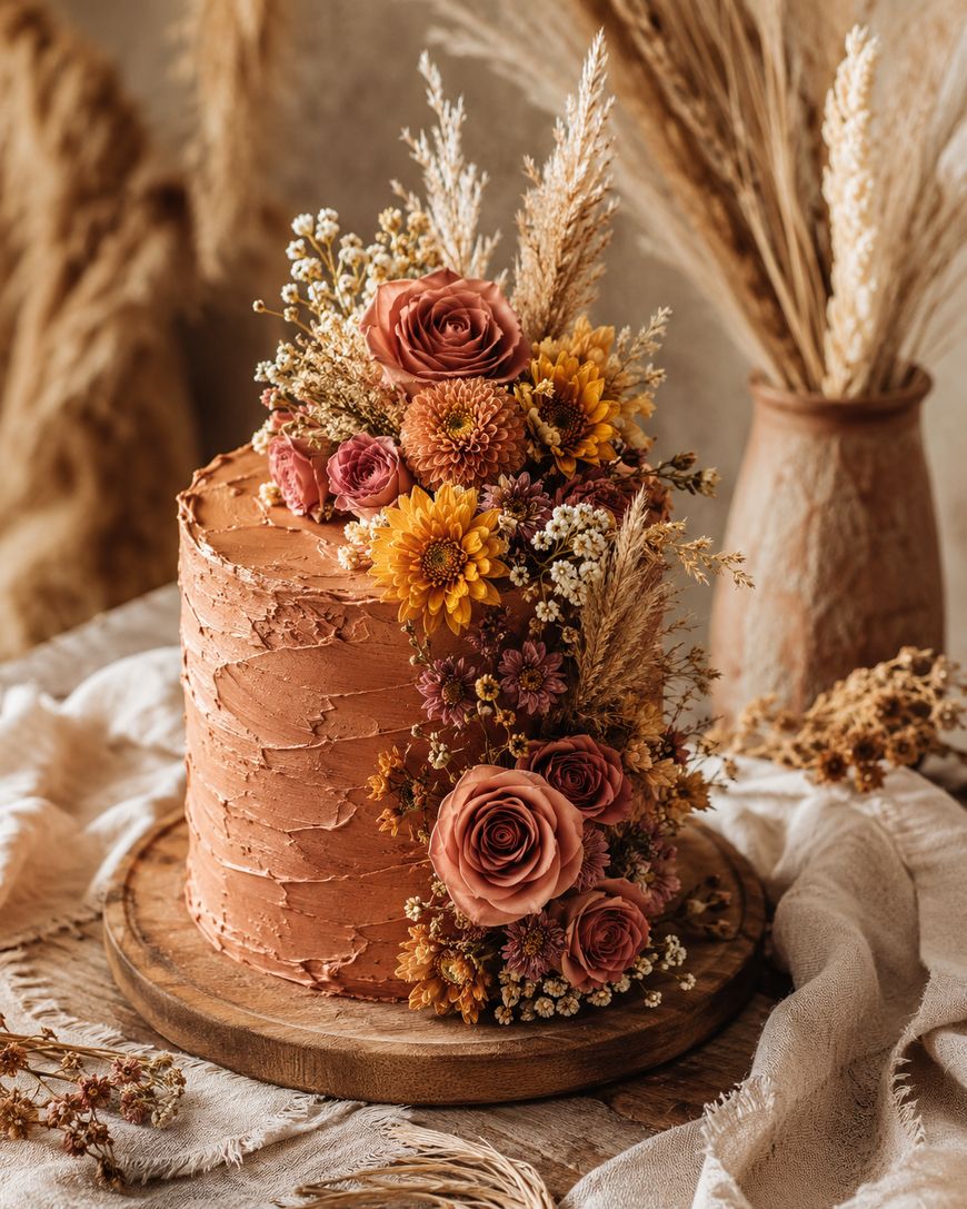 A rustic chocolate frosted cake decorated with dried flowers and grasses sits on a wooden platter, with more dried floral arrangements in the background.